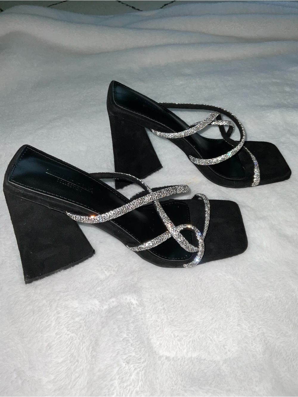 Black Rhinestone Strappy Block Heel Sandals - Women